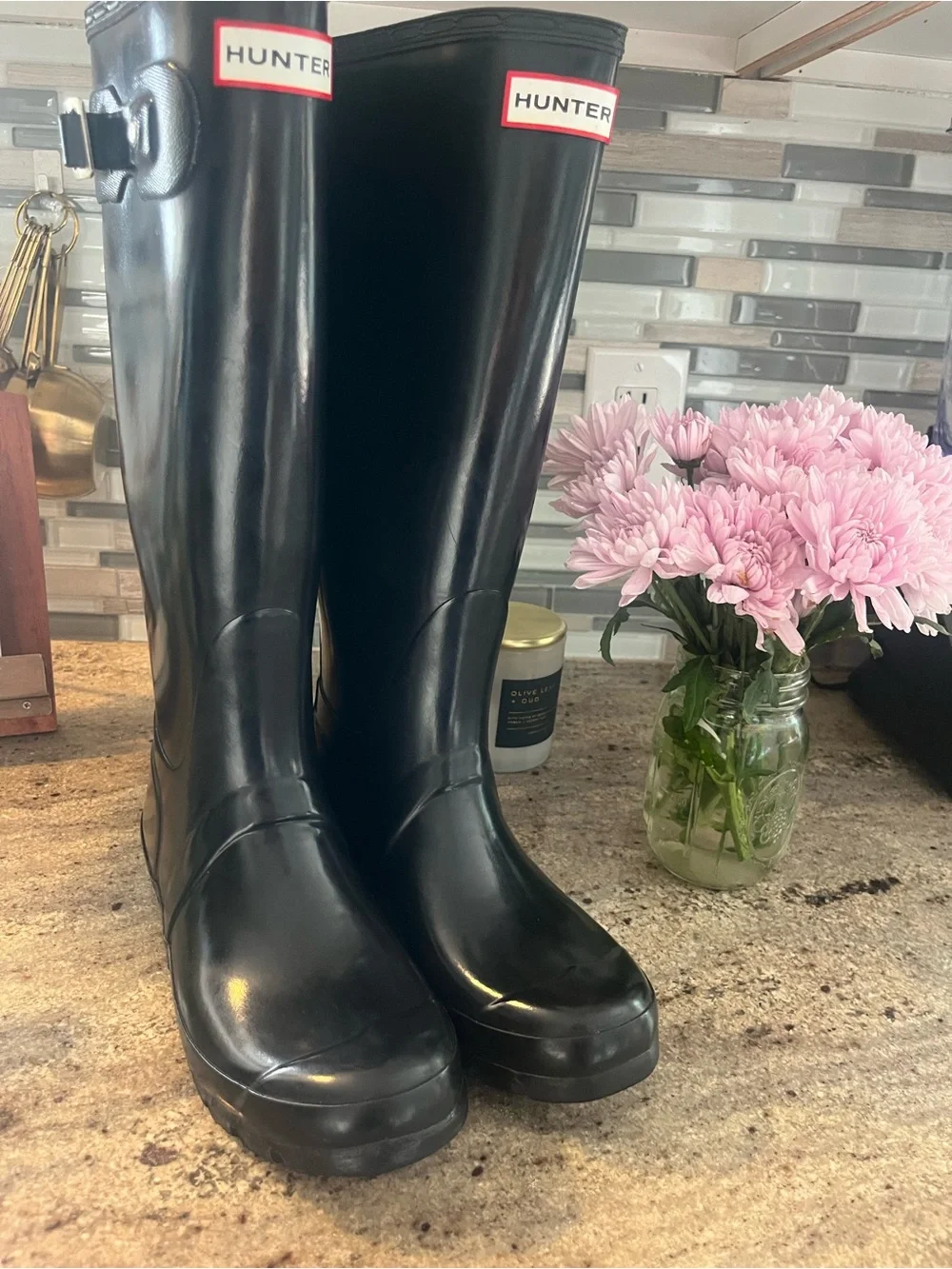 Hunter Black Gloss Tall Rain Boots with Side Buckle